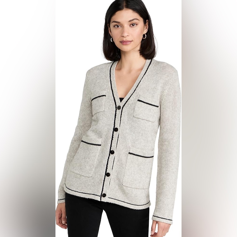 Theory Contrast Cardi Chenille Light Taupe Melange Black Button Front Sweater XS
